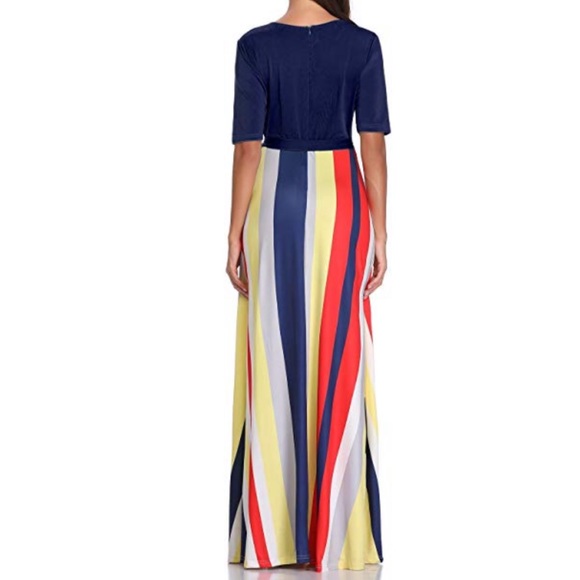 Stripped Mermaid Hem Belted V Neck Maxi Dress - Picture 4 of 4